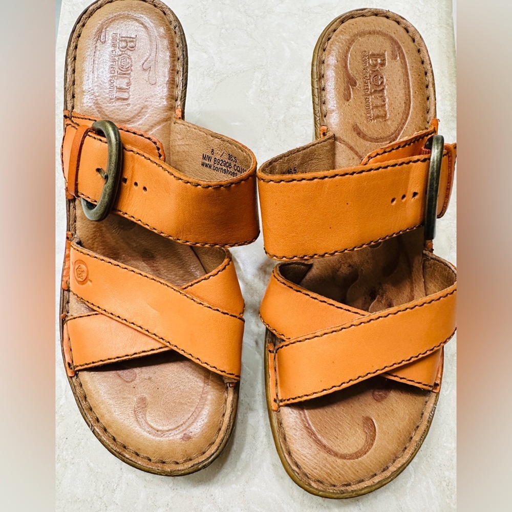 Born  Orange Comfort Sandals Wedge Buckle Leather Slip-On Style Size 6